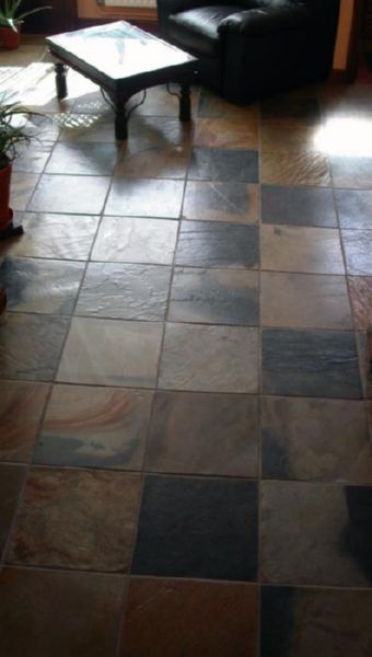 Living room floor set with Calico slate tiles